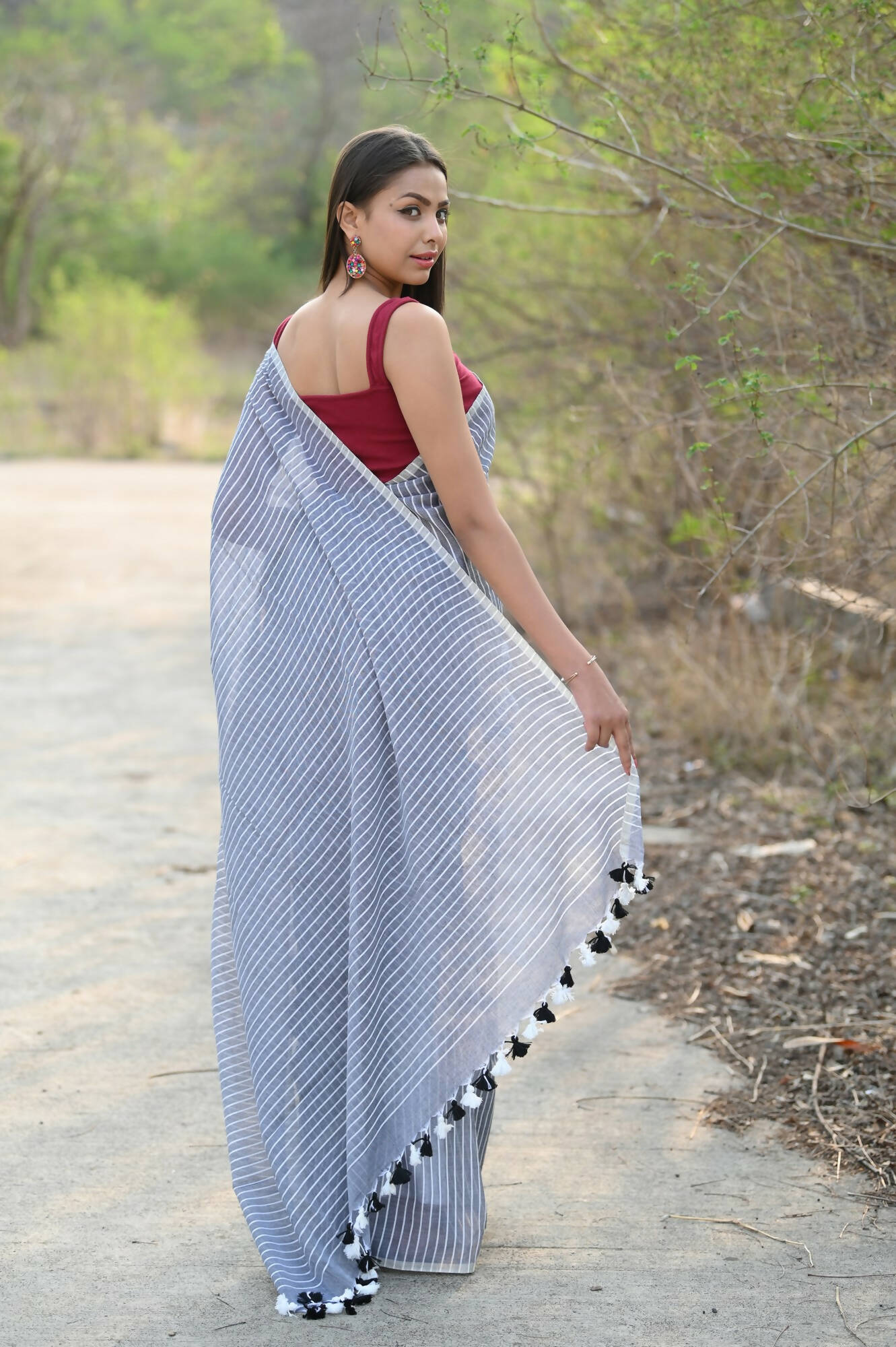 Very Much Indian Designer Pure Cotton Saree With All Over Linear Stripes - Sage Grey | Swadesiicart