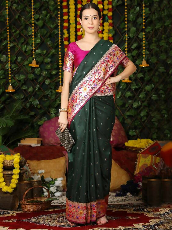 Vishnu Weaves Women's Bottle Green Paithani Silk Zari Woven Saree with Unstitched Blouse - Swadesiicart