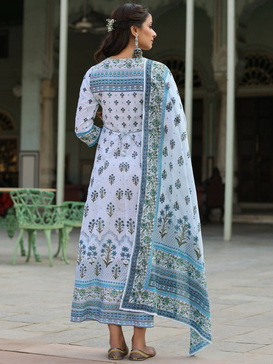 Juniper Women's Skyblue Cambric Floral Placement Kurta Dupatta Sets | Swadesiicart