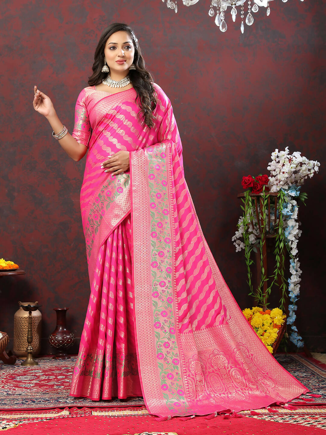 Lorenvalley Fashion Pink Soft Silk Woven Design with Zari Weaving Leheriya Design Saree - Swadesiicart