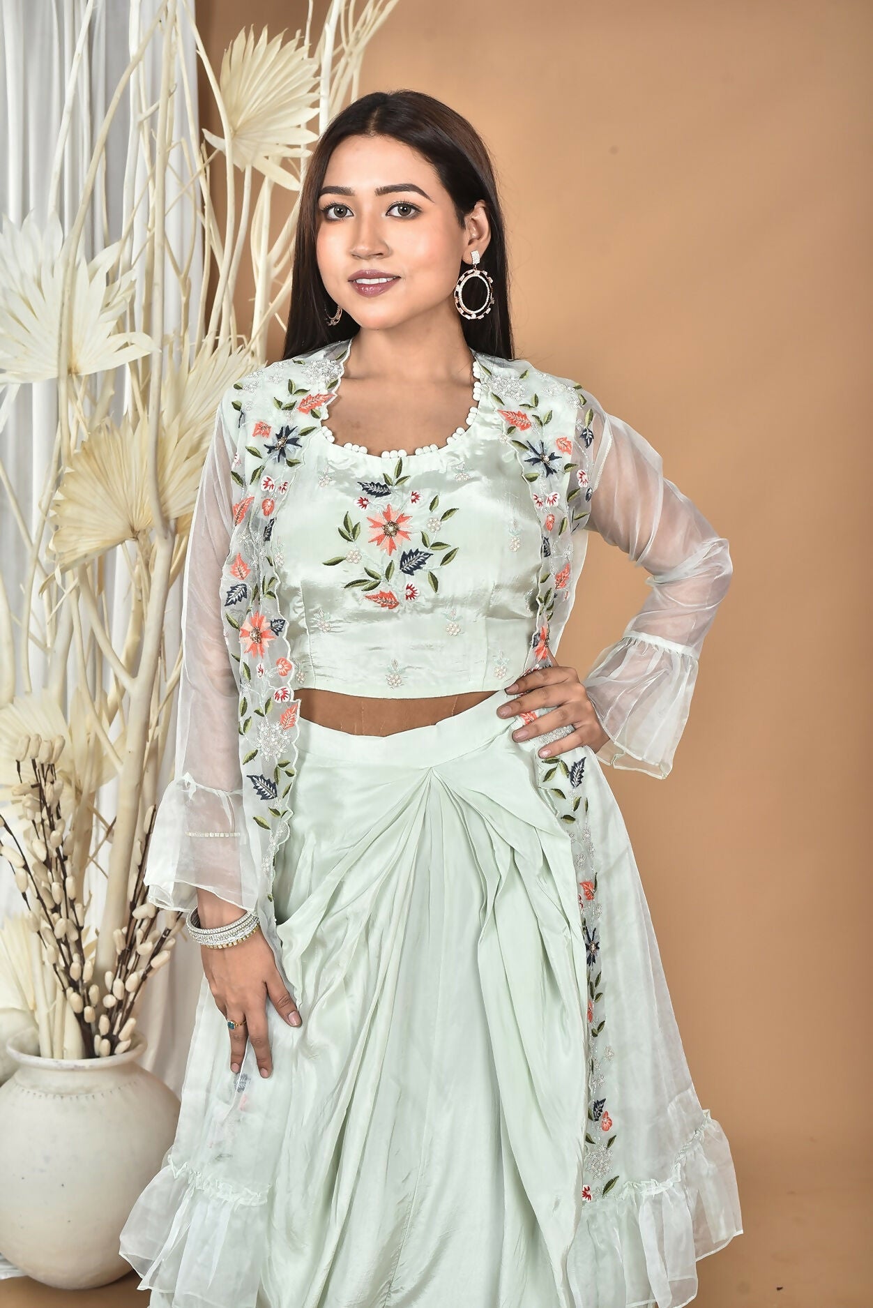 Morchari Women Hand Embroidery Crop Top-Sea Green - Swadesiicart