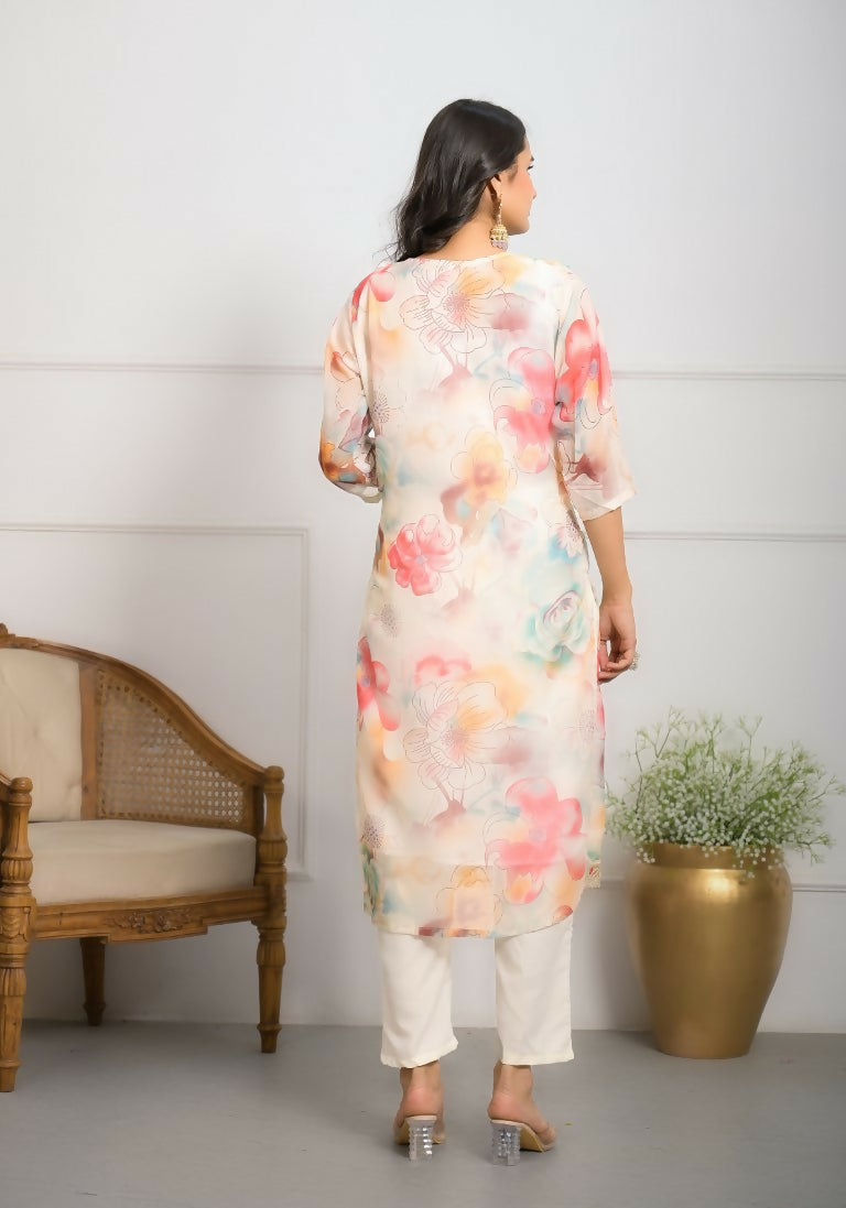 Festive Wear Ethnic Off White Premium Organza Stitched Suit With Dupatta - Tanisha | Swadesiicart