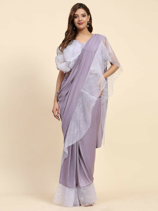 Light Purple Lycra Solid Ready to Wear Saree with stitched Blouse - Nita | Swadesiicart
