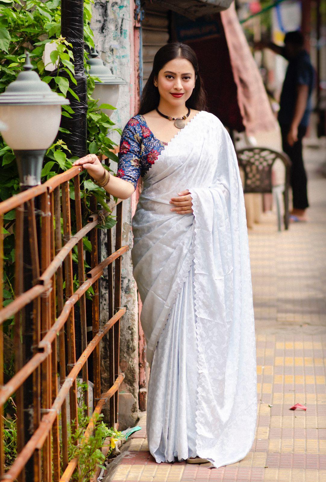 White Poly Silk Ethnic Motifs Saree with Unstitched Blouse - Hiral Fashion | Swadesiicart