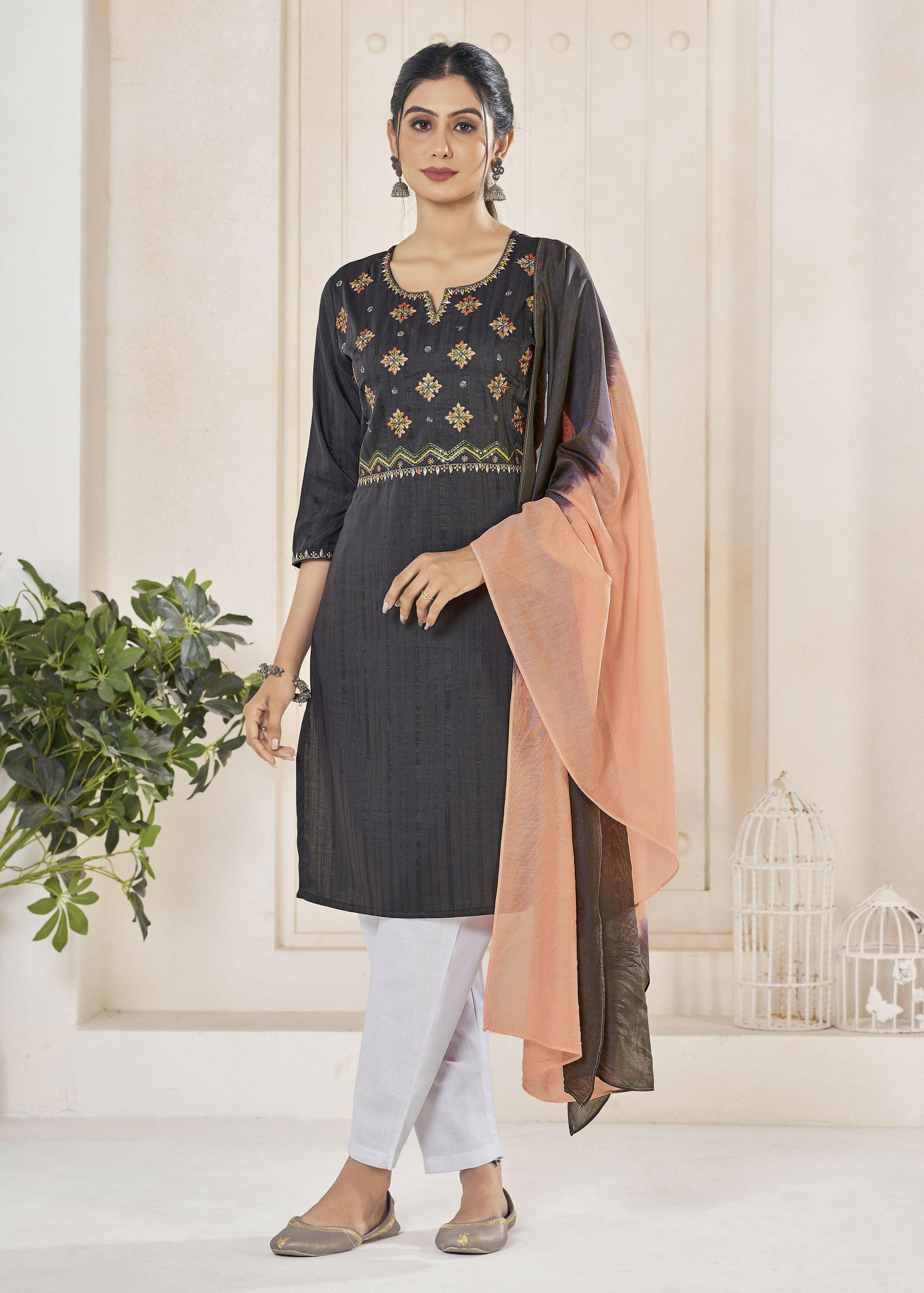 Jyoti Fashion Women's Black Pure Viscose Weaving Stripe with Embroidery Kurta Set | Swadesiicart