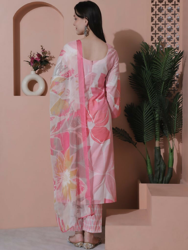 Jyoti Fashion Women's Pink Cotton Floral Digital Print & Floral Embroidered Cutwork Border Sequins Work Kurta with Trouser & Dupatta | Swadesiicart