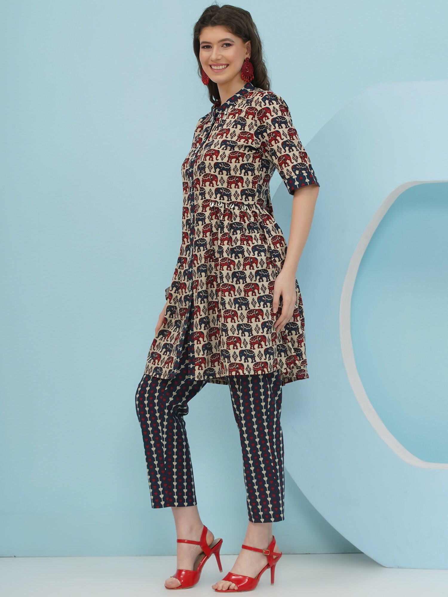 Joban Fashion Elephant Printed Co Ord Set - Beige - Swadesiicart