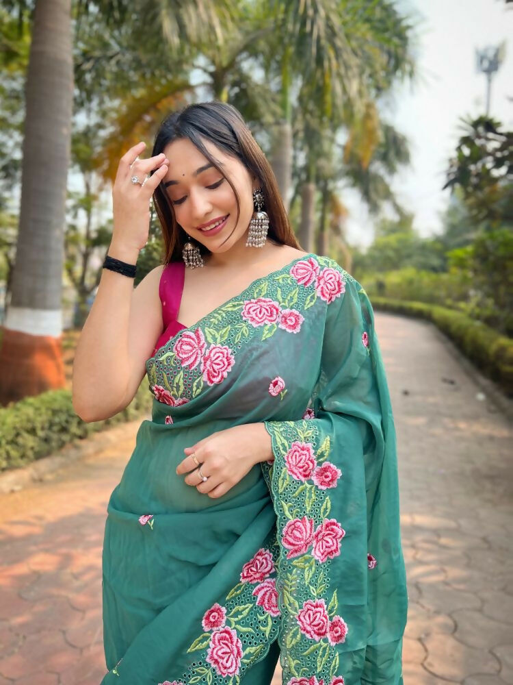 Vamsee Nimrat Sea Green Organza Silk Saree - Swadesiicart