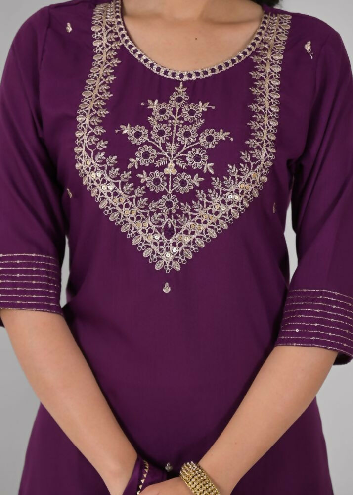 Ethnic Festive Wear Reyon Wine Stitched Suit With Dupatta - Tanisha | Swadesiicart