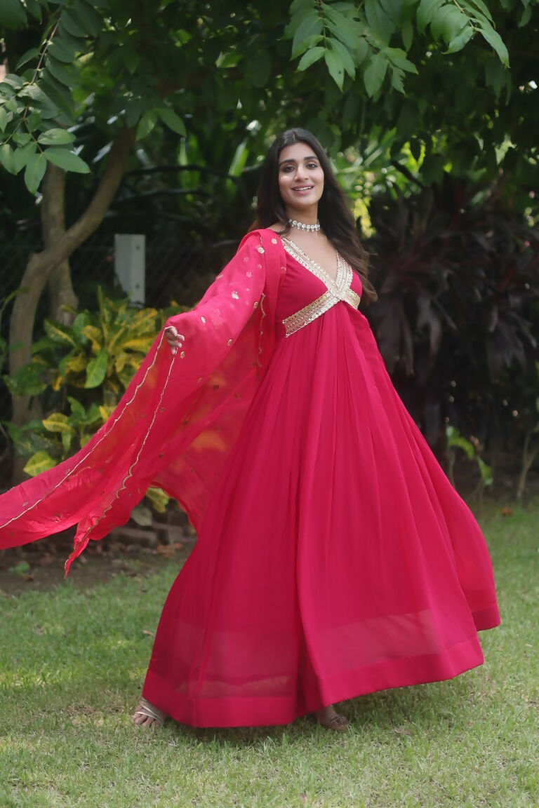Jyoti Fashion Women's Rani Pink Faux Blooming Sequins Zari Embroidered Anarkali Dress with Dupatta | Swadesiicart