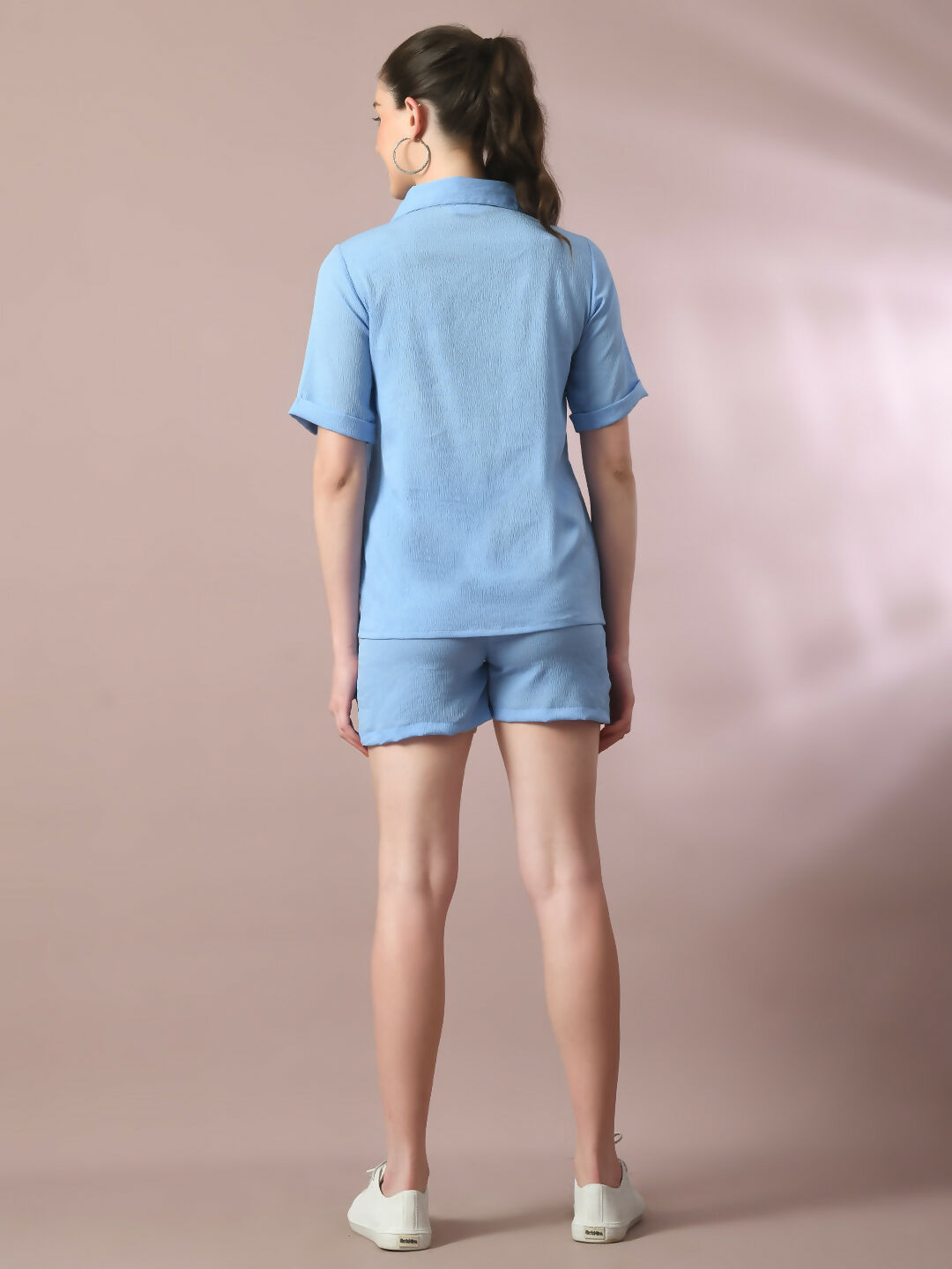Myshka Women's Blue Solid Shirt Collar Party Shirt With Shorts Co-ord set - Swadesiicart