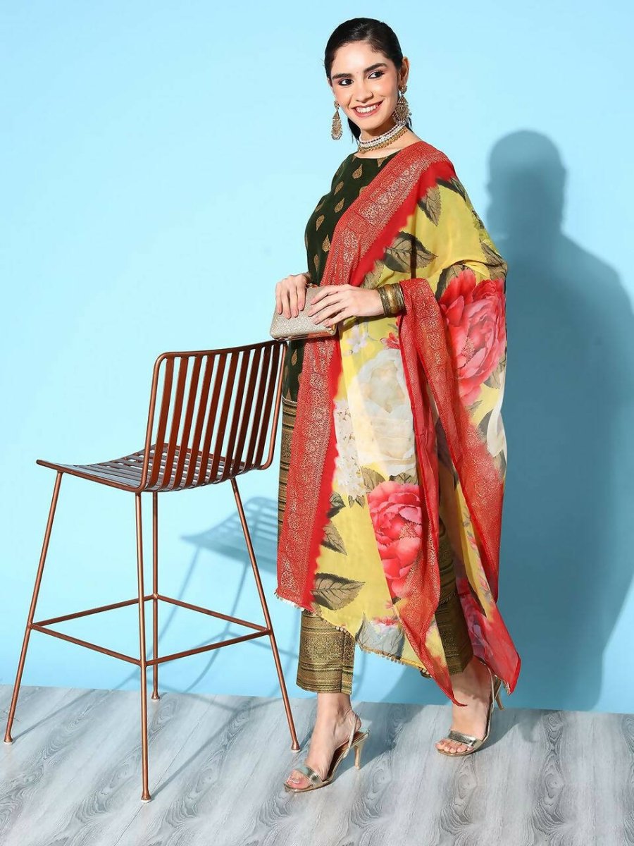Ahalyaa Women's Olive Colour Poly Silk Gold Printed Kurta Pant Set With Dupatta | Swadesiicart
