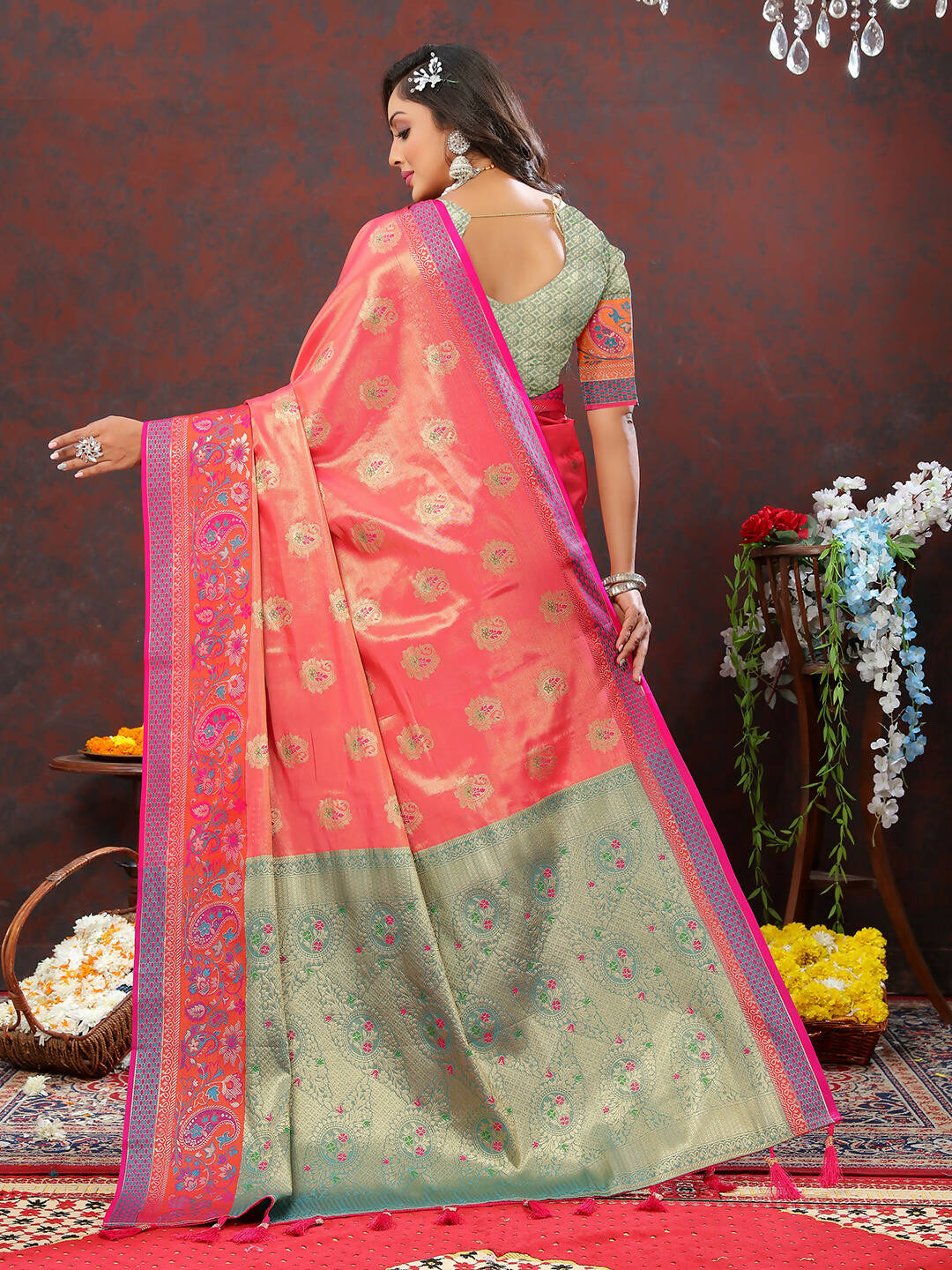 Lorenvalley Fashion Peach Kanjivaram Silk Woven Design with Zari Weaving Saree - Swadesiicart