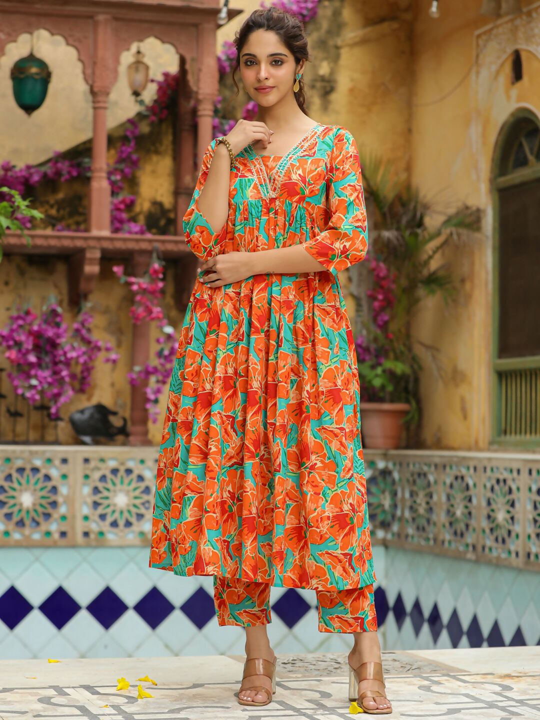 Janasya Orange Cotton Floral Kurta & Bottom | Swadesiicart