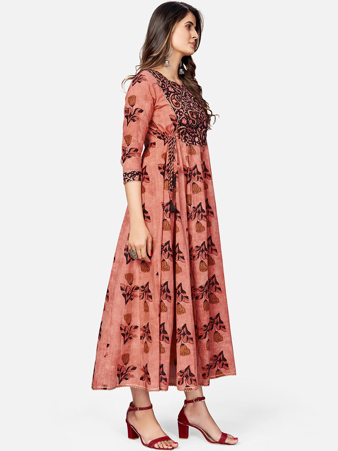 NOZ2TOZ Women's Printed & Hand Work Anarkali Cotton Brown Kurta (1Pc) - Swadesiicart