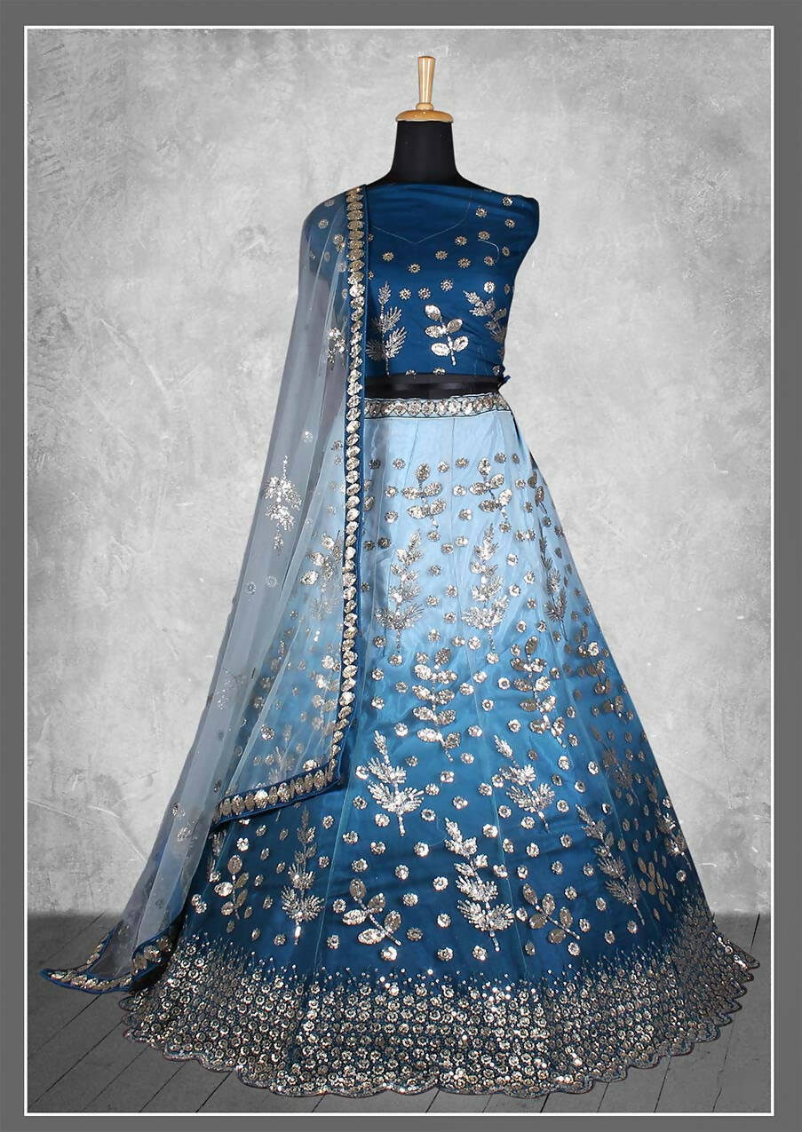 Blue Net Floral Sequins And Cord Embroidery, Cut Work Semi-Stitched Lehenga Choli - Nimaya Kangan | Swadesiicart
