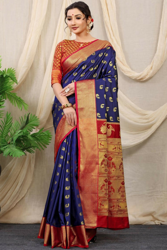 Jyoti Fashion Women's Navy Blue Banarasi Silk Zari Woven Saree with Blouse | Swadesiicart