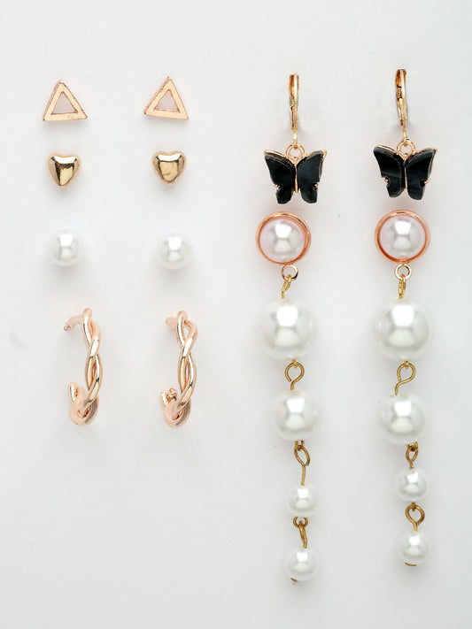 NVR Women's Set of 6 White Pearl Gold-Polished Contemporary Drop Earrings | Swadesiicart