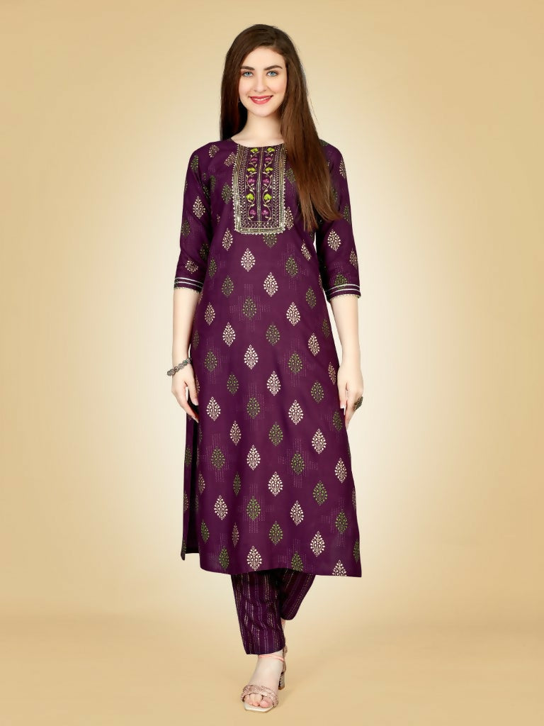 Jyoti Fashion Women's Wine Viscose Rayon Embroidered Kurta Pant Set | Swadesiicart