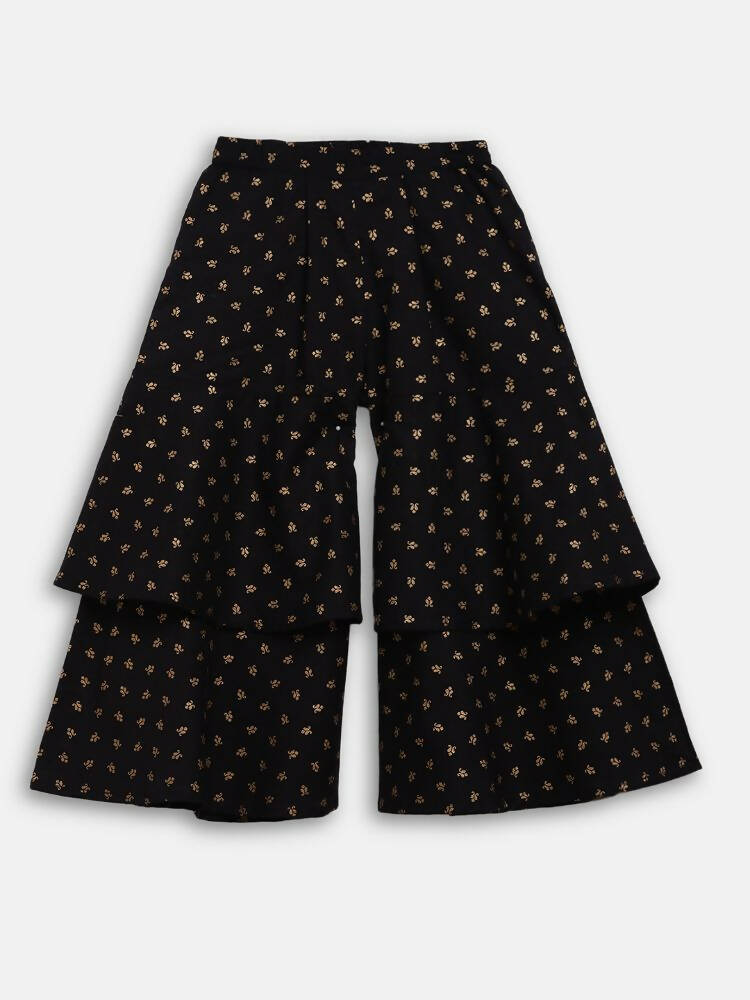 Ahalyaa Black Cotton Gold Print Kids Kurta Sharara Sets For Girls | Swadesiicart