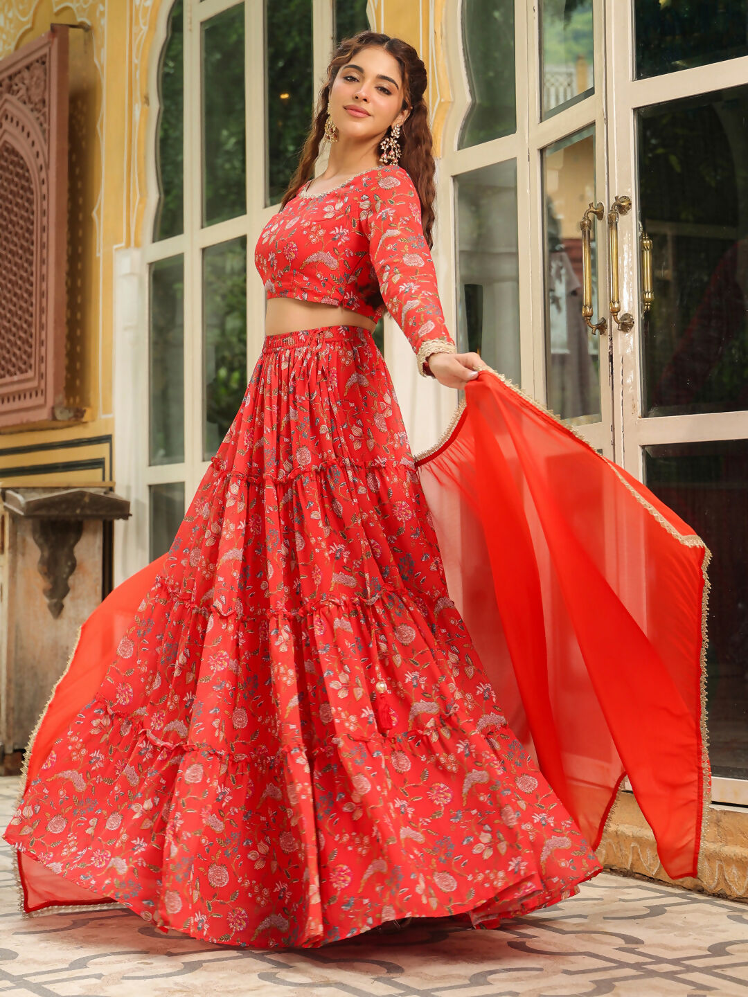 Janasya Red Georgette Floral Lehenga Choli Dupatta | Swadesiicart