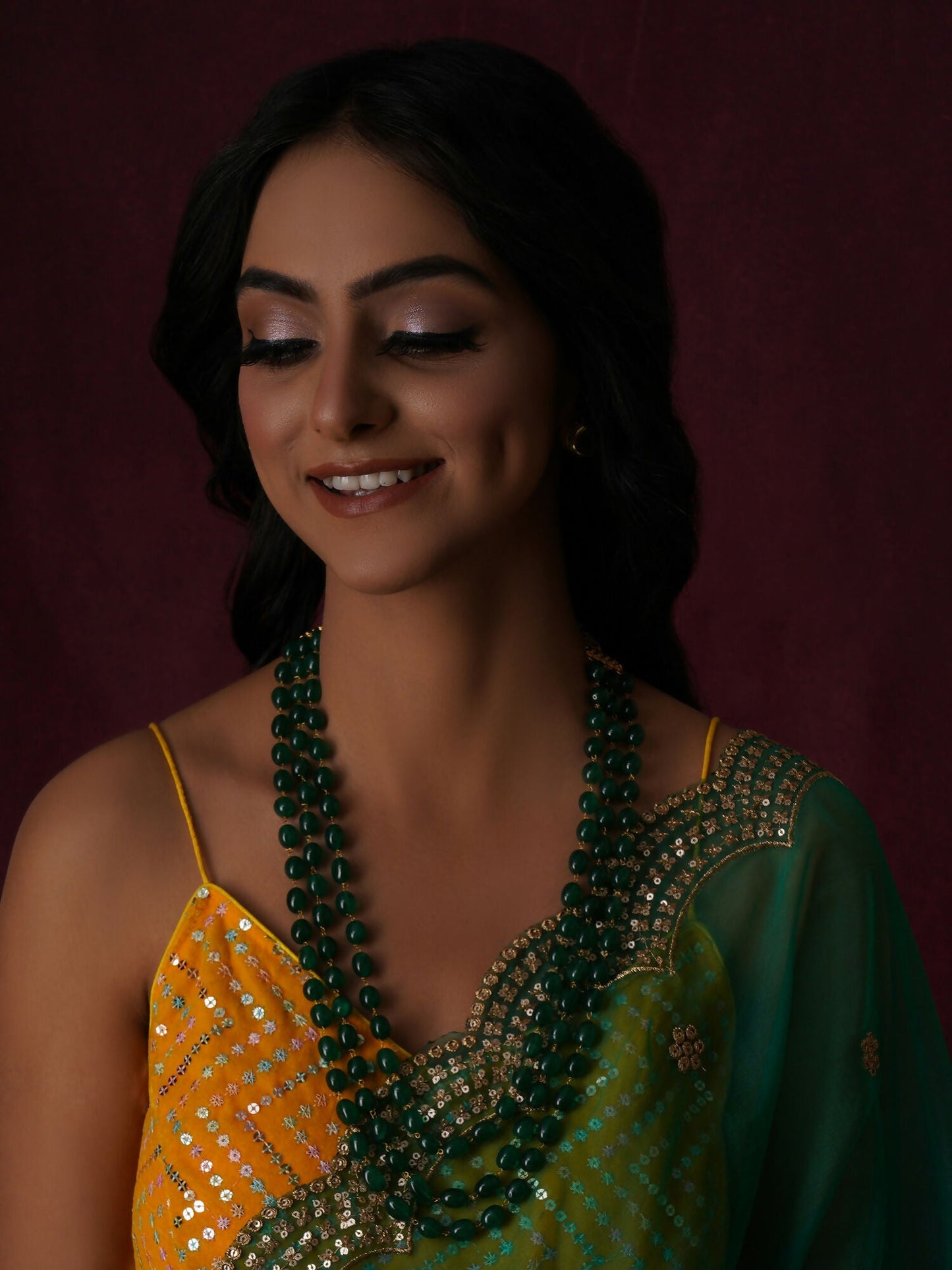 Long Layered Green Neckpiece wtih Kundan Studs Jewellery Set (Green) - Ruby Raang - Ruby Raang Studio