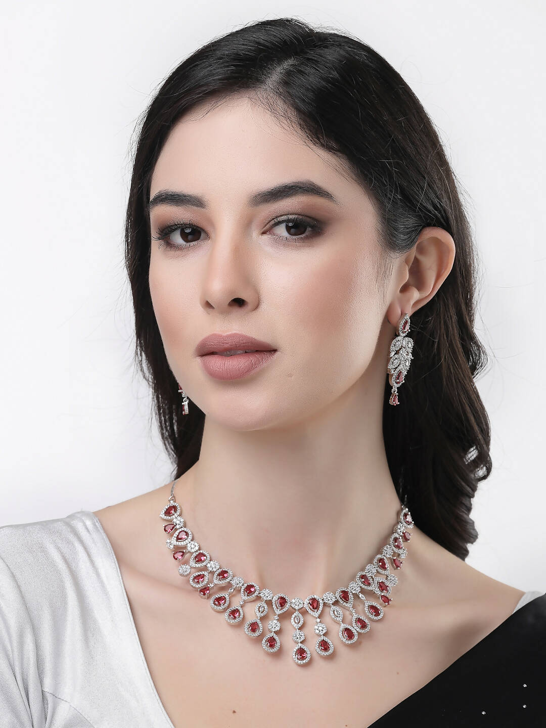 NVR Women Silver Plated & Maroon Cz Stone Handcrafted Jewellery Set - NR Retail-NVR