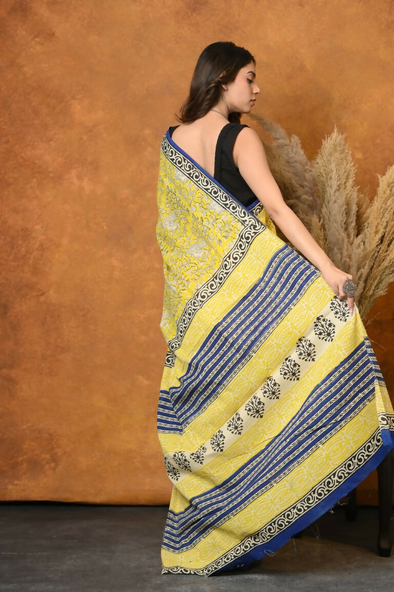 Very Much Indian Handblock Printed Cotton Saree With Natural Dyes - Green | Swadesiicart
