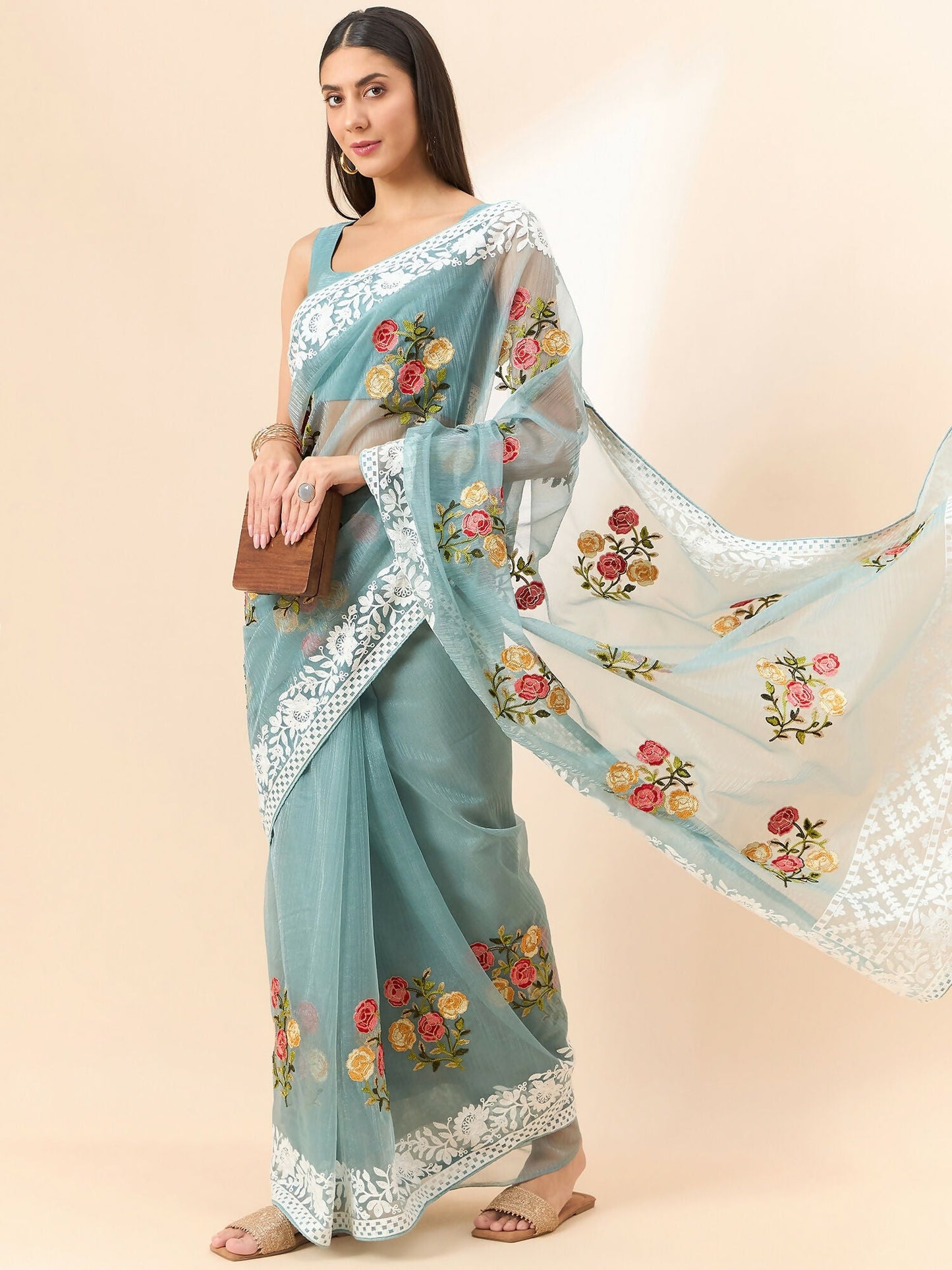 Blue Organza Floral Embroidered Saree with Unstitched Blouse Piece - Roozal