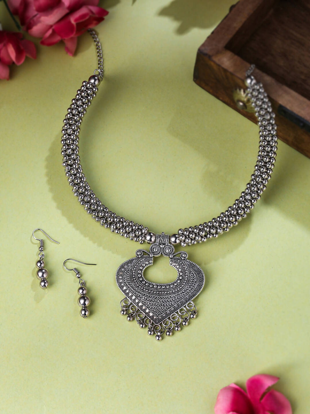 NVR Women Silver Toned Oxidised Jewellery Set - Swadesiicart