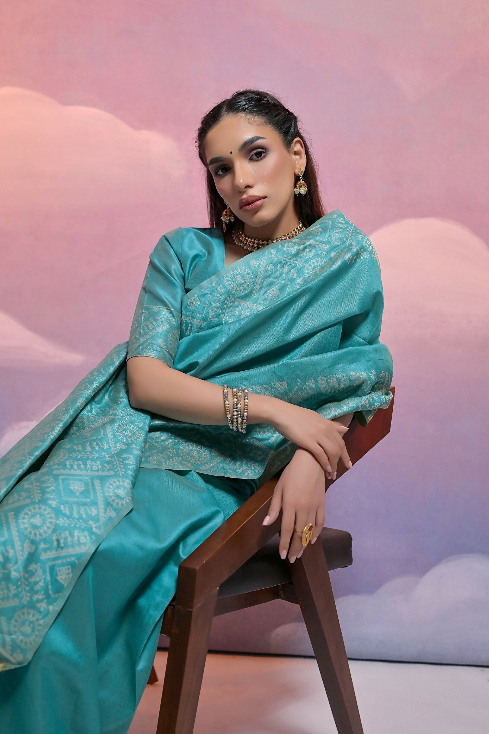 Vishnu Weaves Women's Firozi Handloom Raw Silk Woven Border Saree with Blouse - Swadesiicart