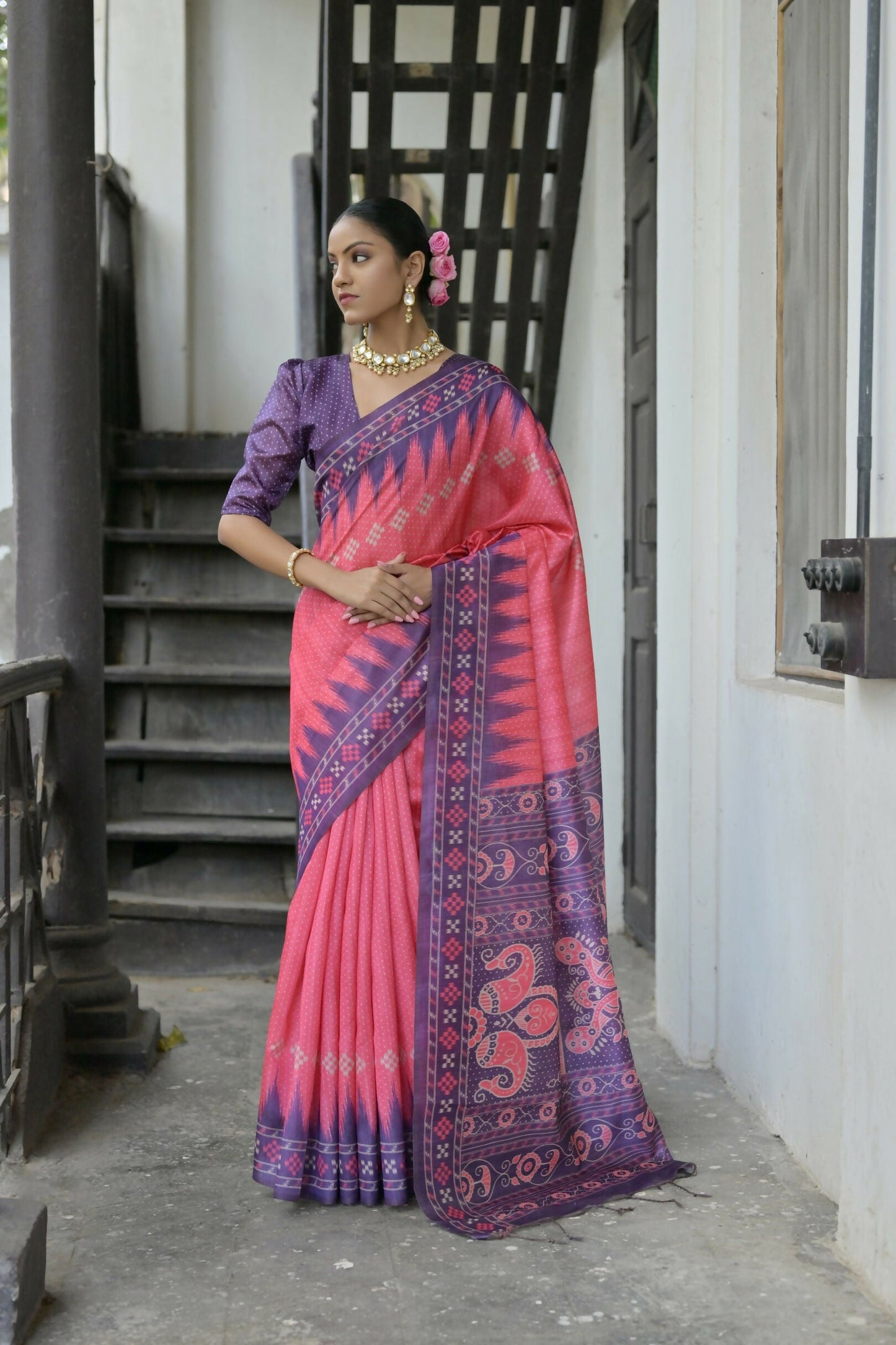 Vishnu Weaves Women's Rani Soft Tussar Silk Saree with Blouse - Swadesiicart