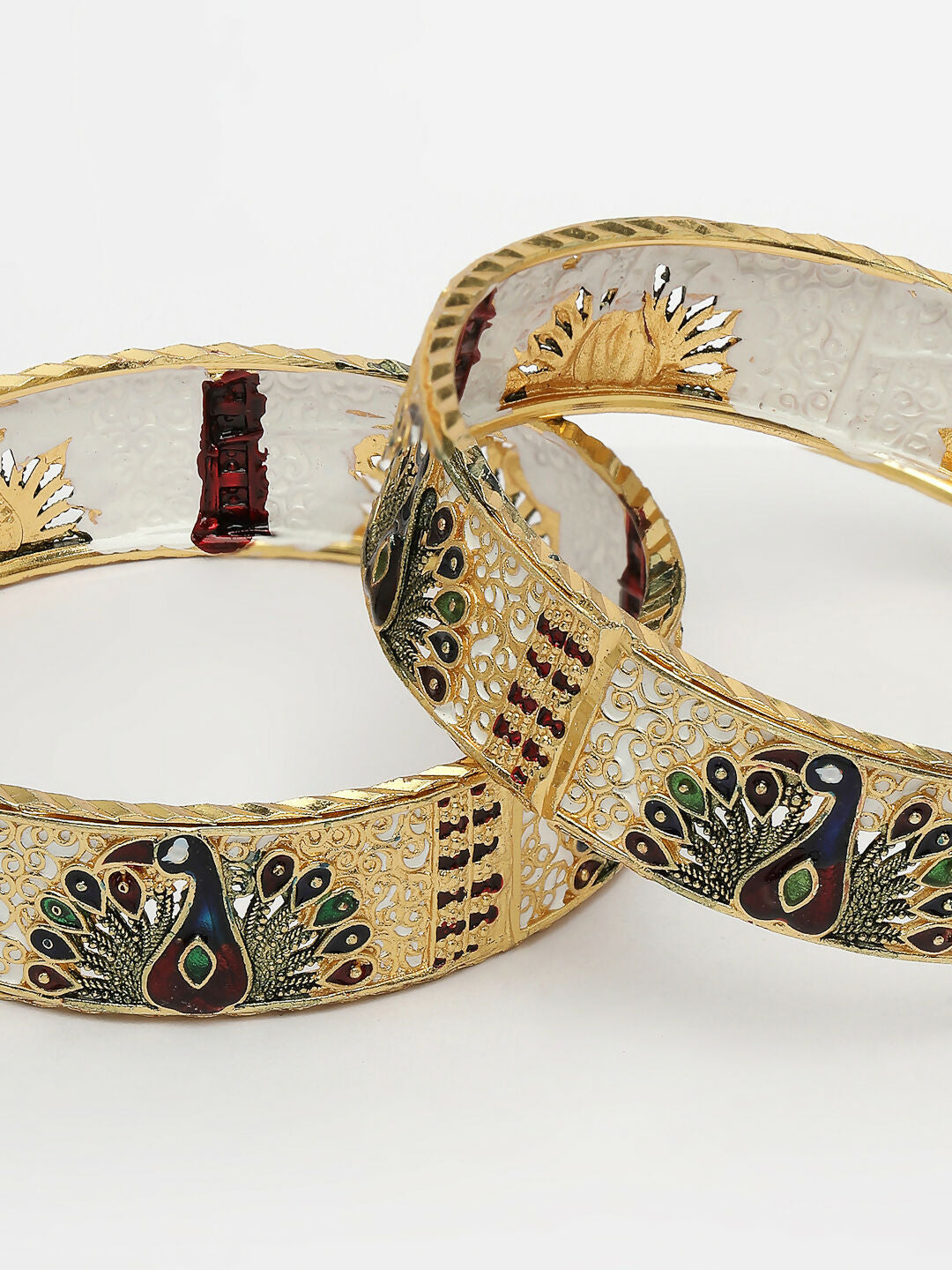 NVR Women's Set of 2 Gold-Polished Peacock Design Meenakari Handcrafted Bangles - Swadesiicart
