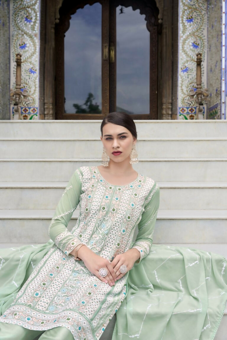 Jyoti Fashion Women's Sea Green Faux Georgette Heavy Embroidery and Moti Work Kurta Set | Swadesiicart