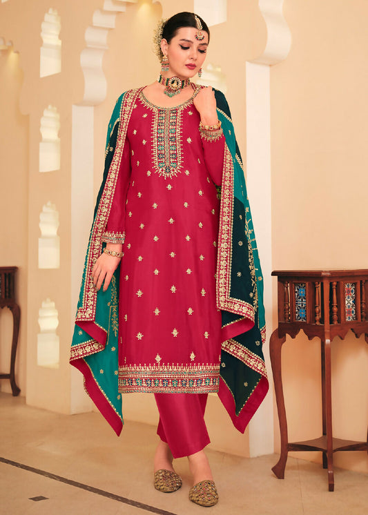 Dazzling Red Embroidered Chinnon Palazzo Salwar Kurta - Emponline | Swadesiicart