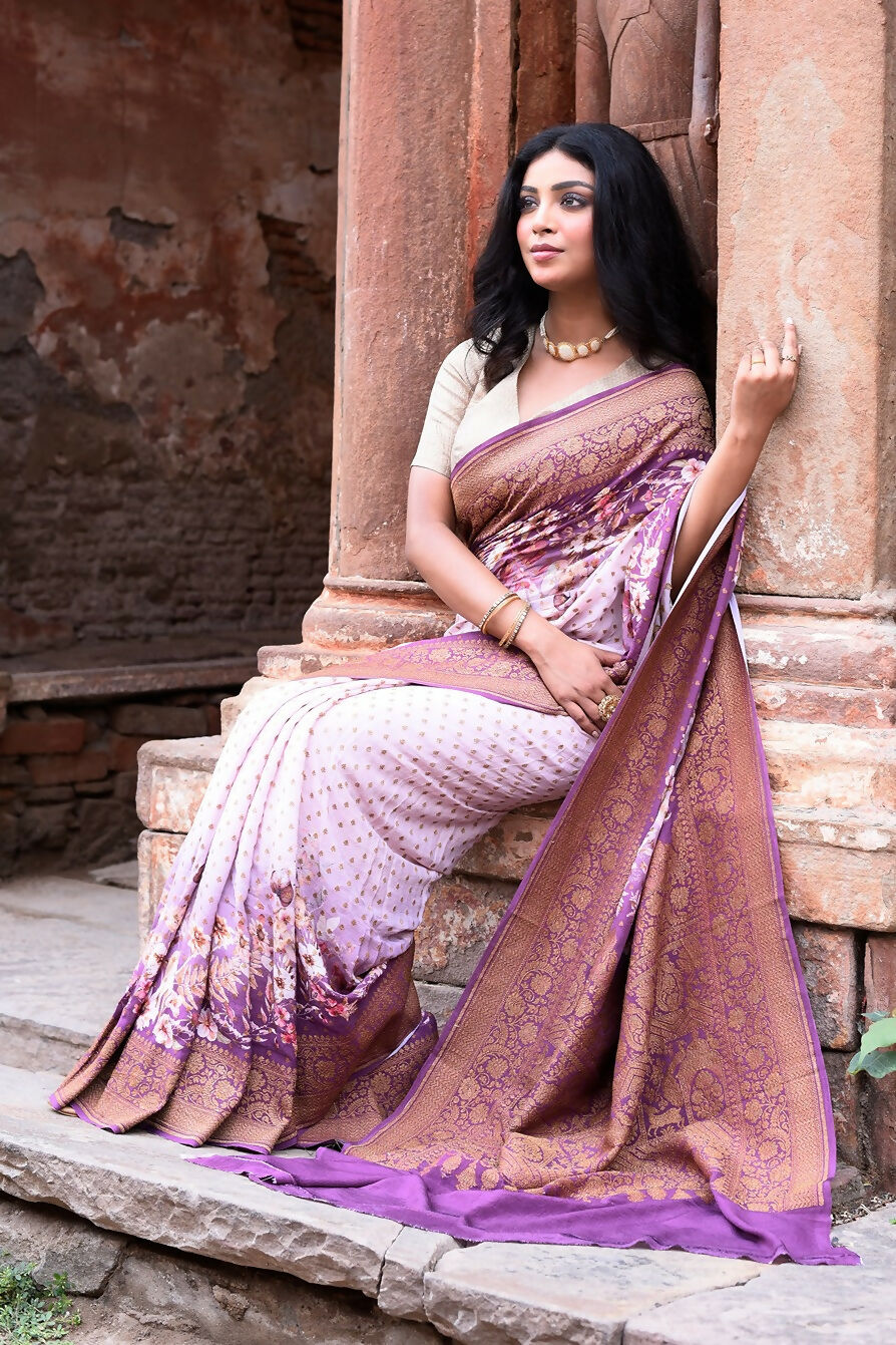 Joban Fashion Dark And Light Lilac Crepe Chiffon Pure Handloom Banarasi Silk Saree | Swadesiicart