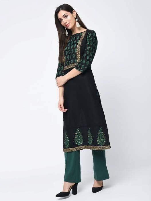 Aniyah Cotton Block Printed Black Straight Kurta (AN-131K) - Swadesiicart