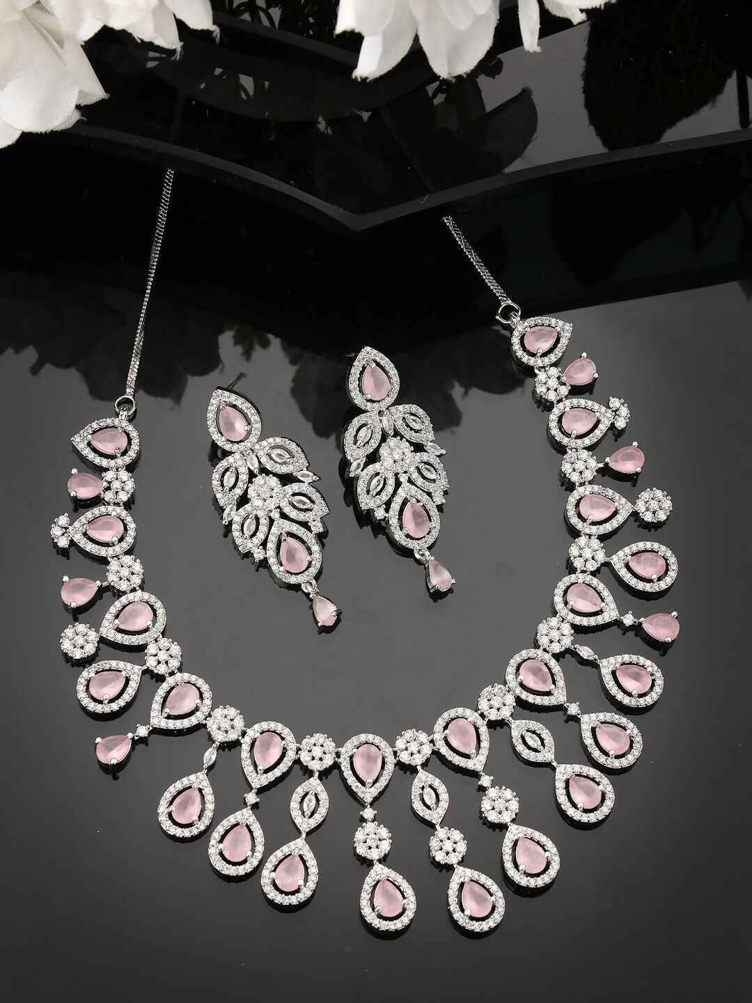 NVR Women's silver plated & Pink CZ stone handcrafted jewellery set - Swadesiicart
