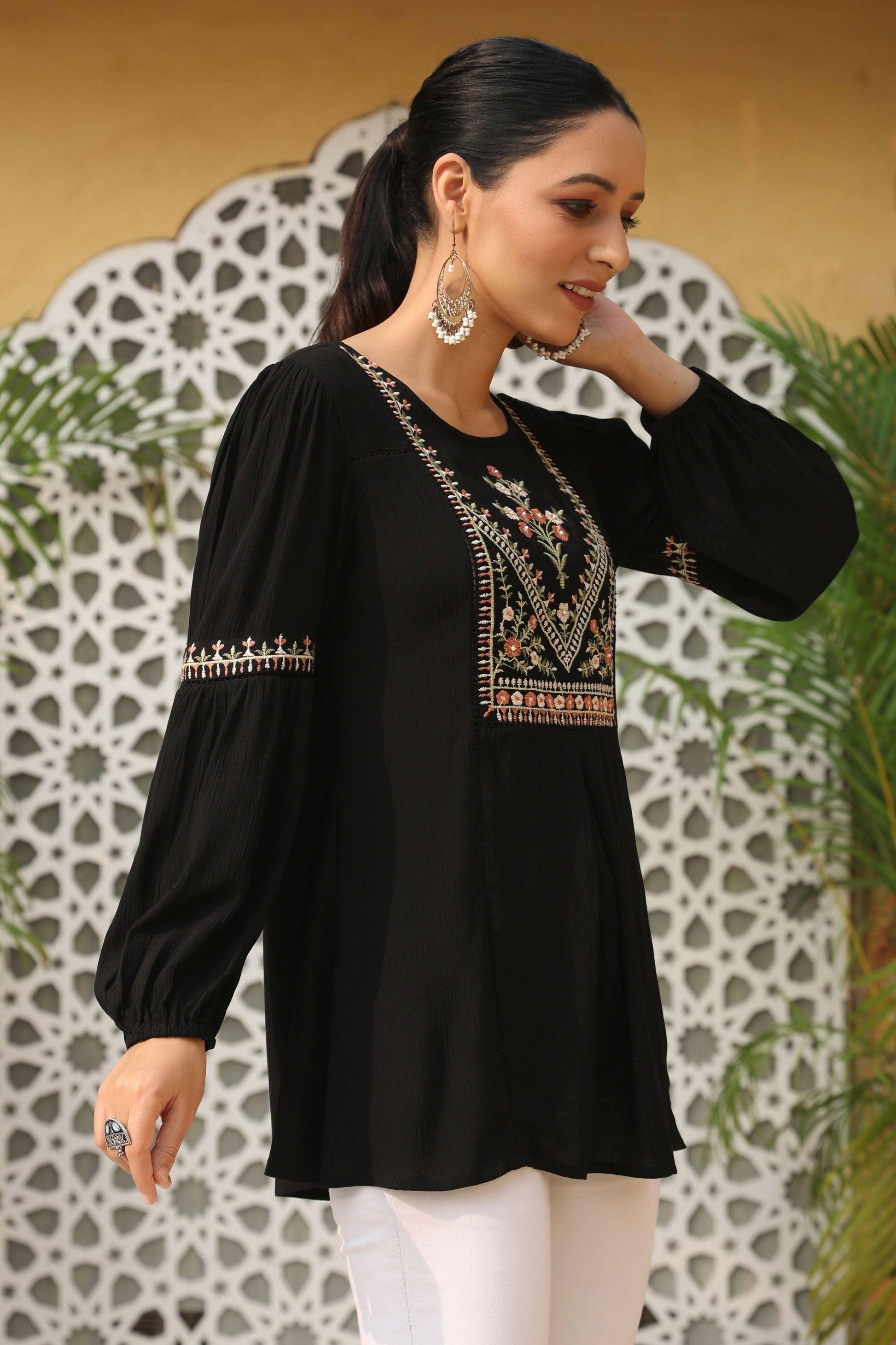 Juniper Women's Black Rayon Crepe Solid With Embroidery Straight Tunic | Swadesiicart