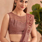 Pink Satin Embroidered Ready To Wear Saree With Unstitched Blouse Piece - Nandika | Swadesiicart