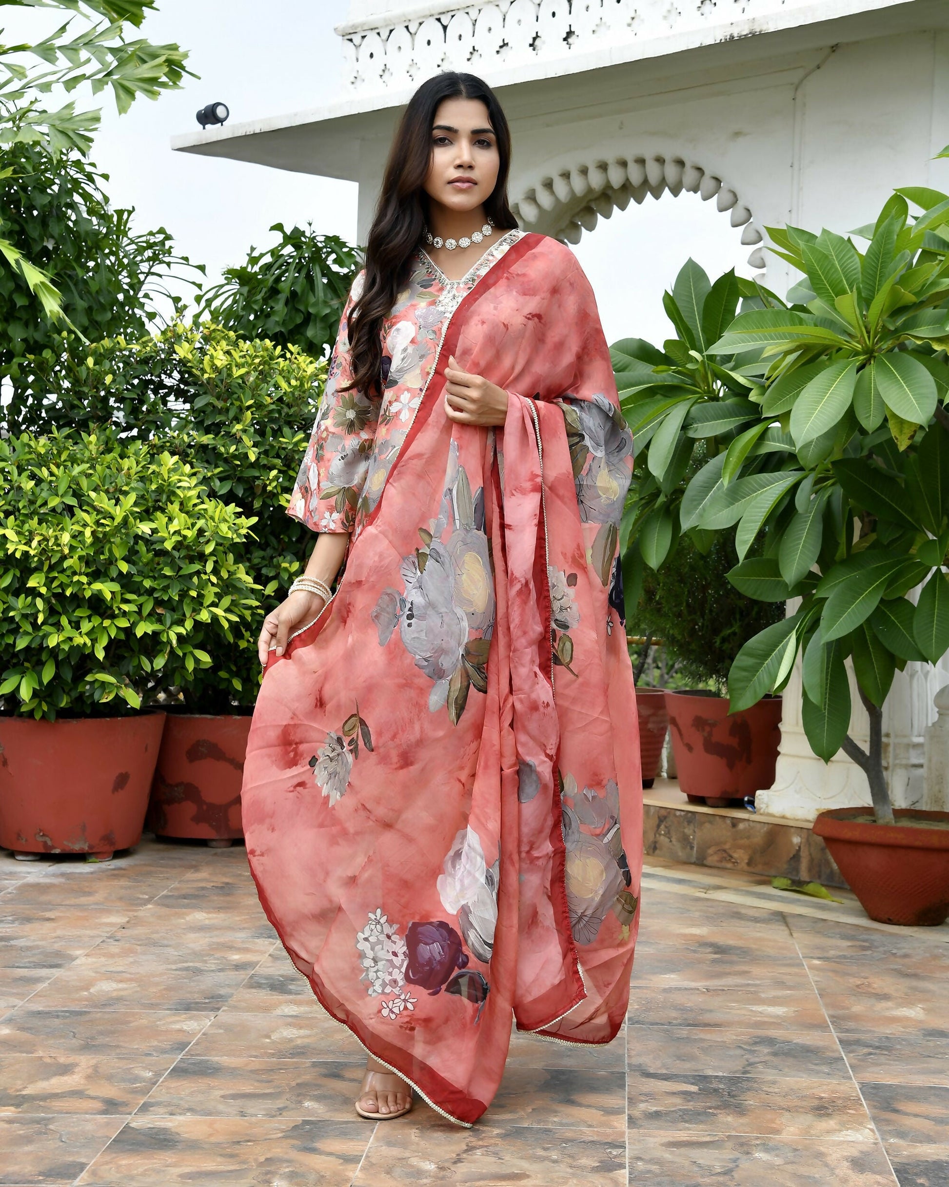 Vaasva Women's Rust Tissue Gota Embroidered Suit Set With Solid Pant And Embroidered Dupatta | Swadesiicart
