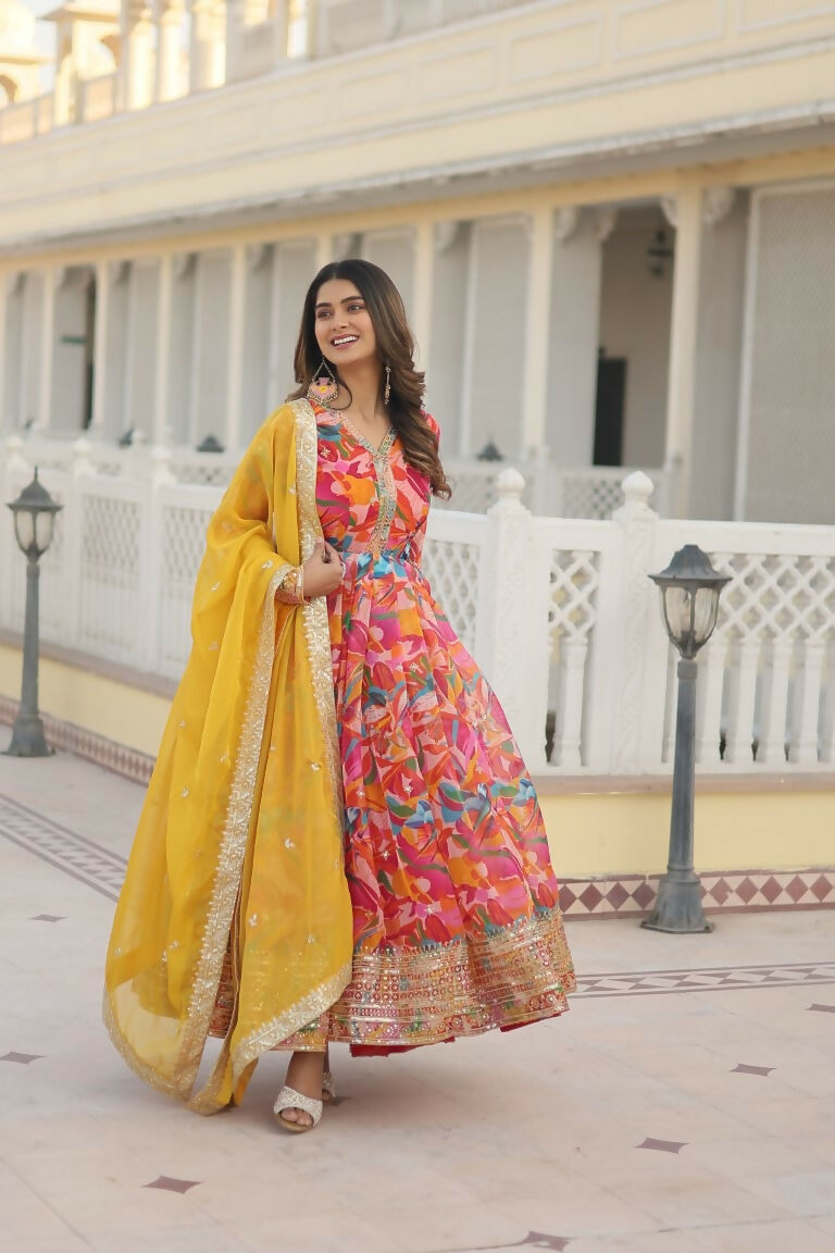 Jyoti Fashion Women's Pink Russian Silk Sequins Zari Embroideredy Anarkali Dress with Dupatta | Swadesiicart