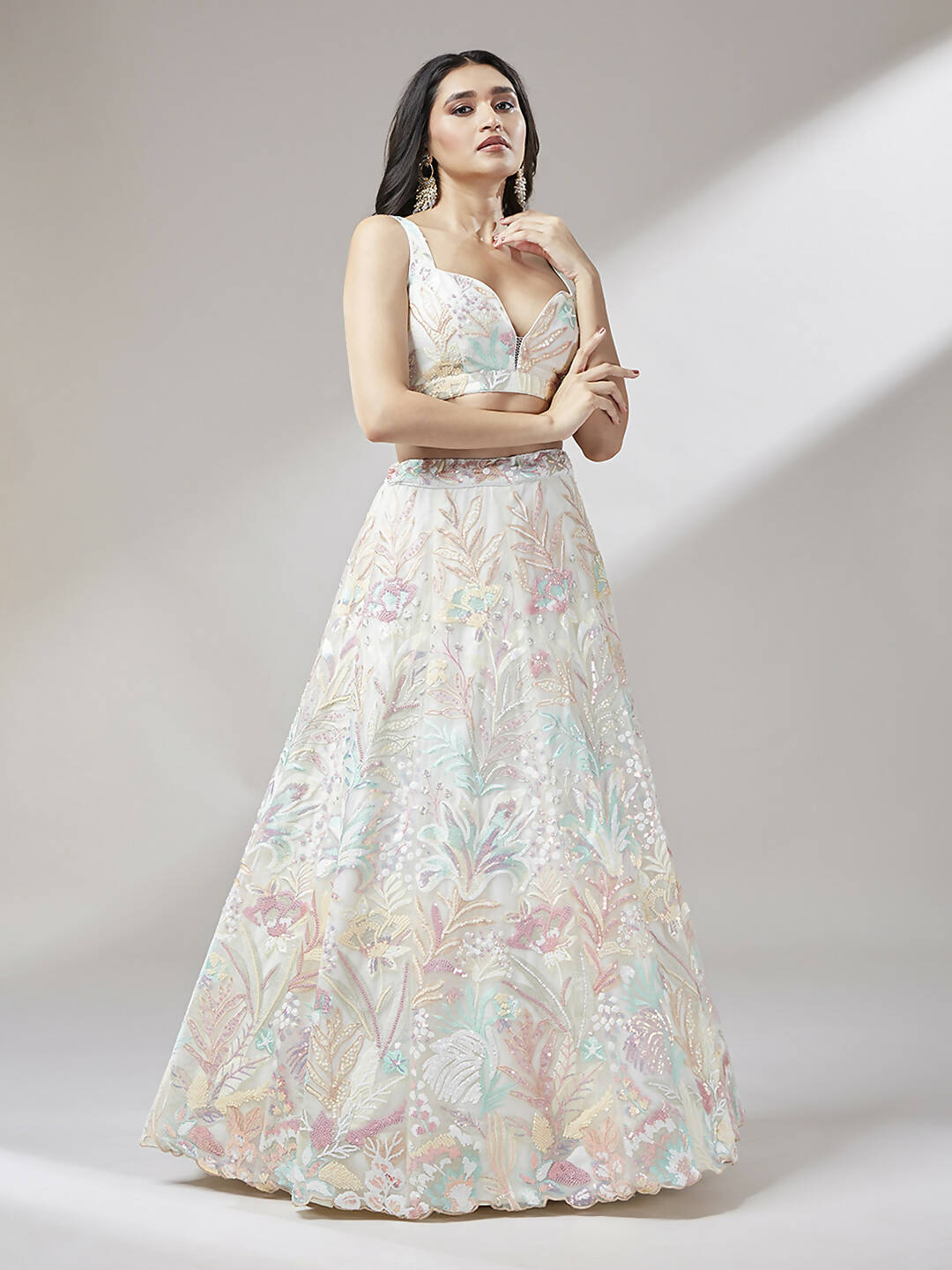 House of Panchhi Cream Net Sequinse Work Lehenga & Blouse with Dupatta | Swadesiicart