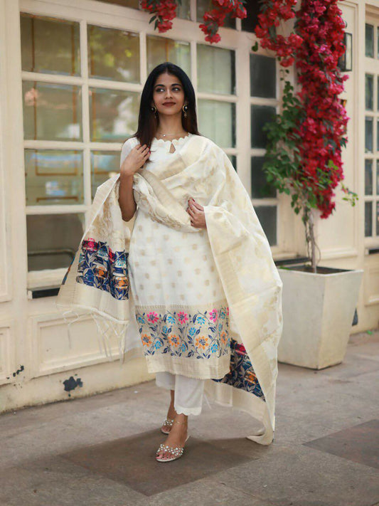 The52 White Women's Beautiful Viscose Jacquard Fabric Printed Work Straight Kurta Pant and Dupatta Set - Swadesiicart