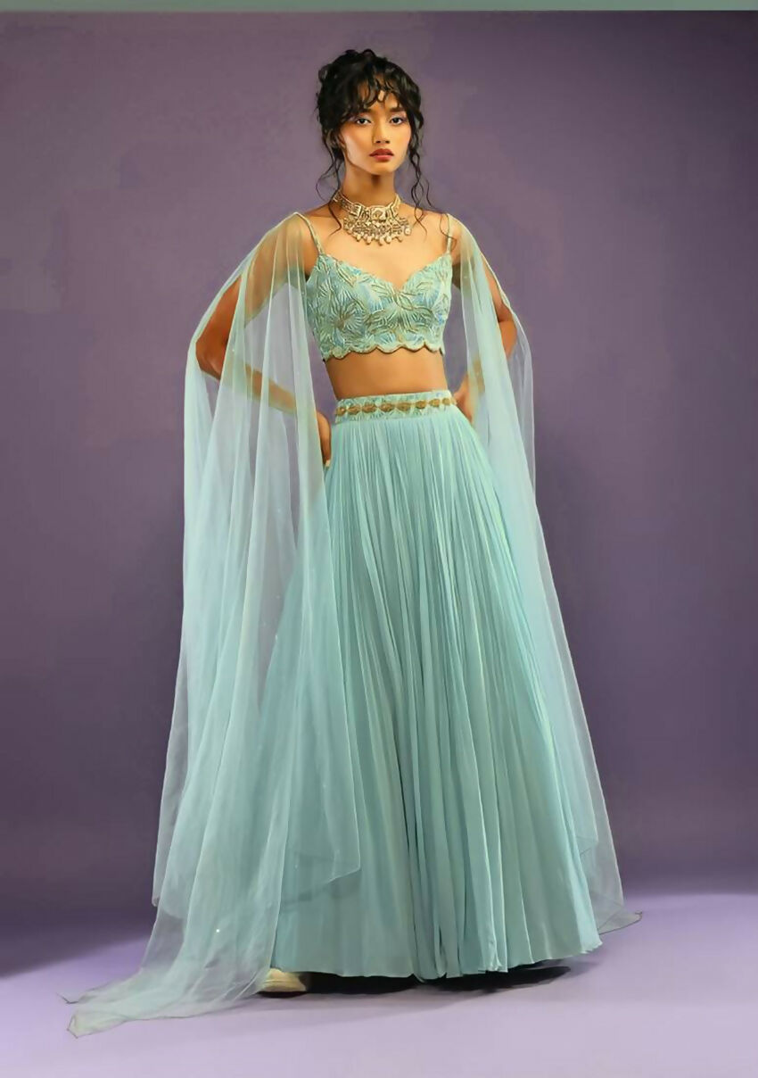 Jyoti Fashion Glamorous Turquoise Crush Work, Sequins, Zari with Dori Embroidered Faux Georgette Lehenga Choli with Dupatta | Swadesiicart