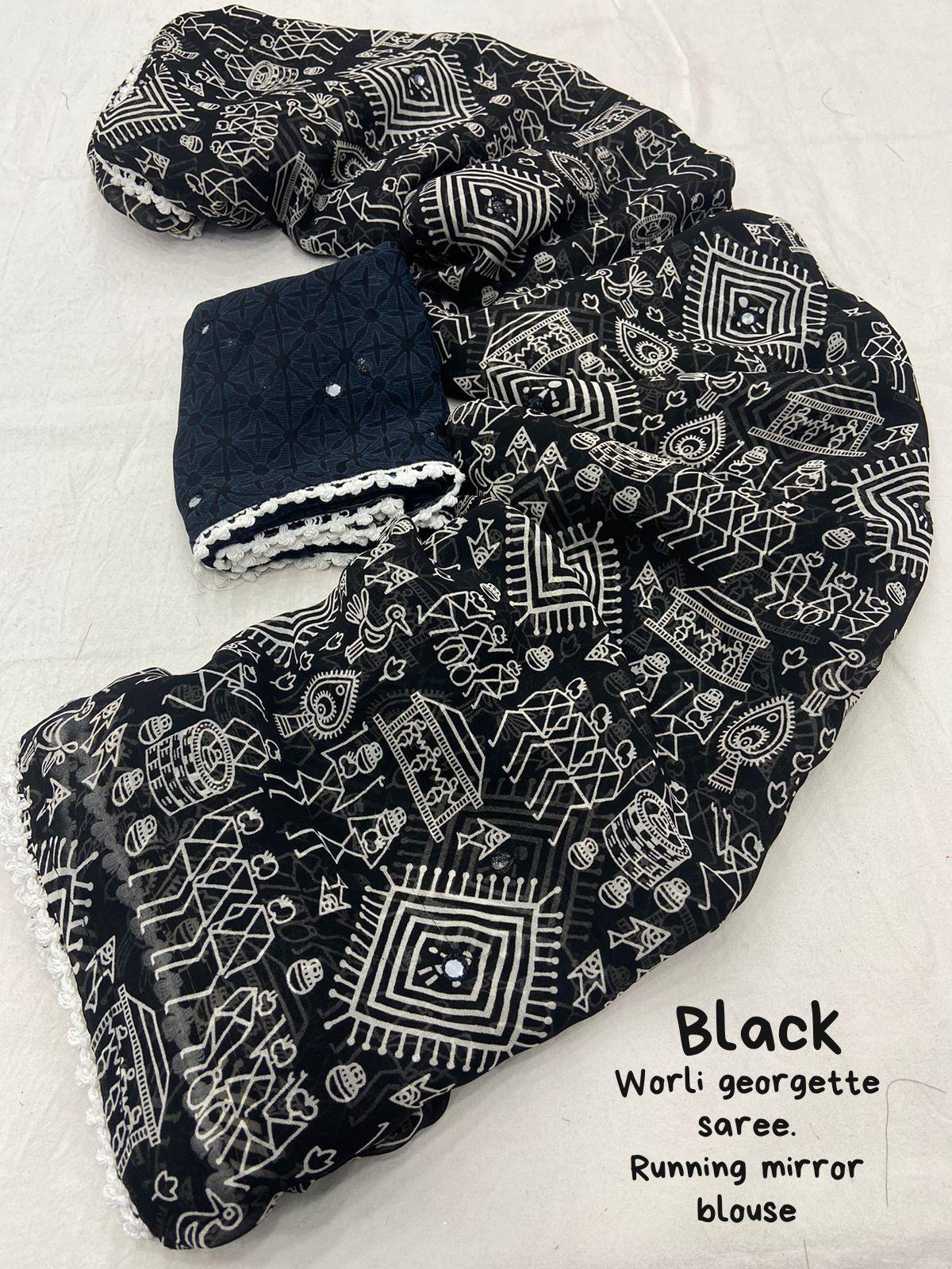 Black Poly Georgette Ethnic Motifs Saree with Unstitched Blouse - Hiral Fashion | Swadesiicart