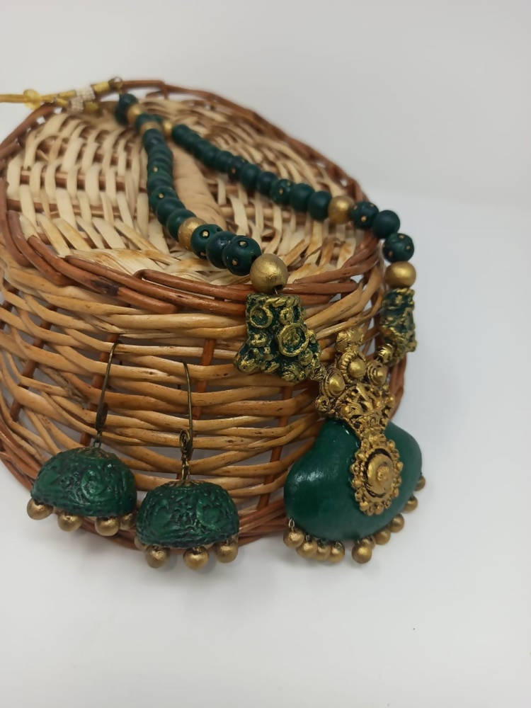 Terracotta Dark Green Crown Pendant Long Necklace Set Paired with Hanging Temple Jhumkas | Swadesiicart