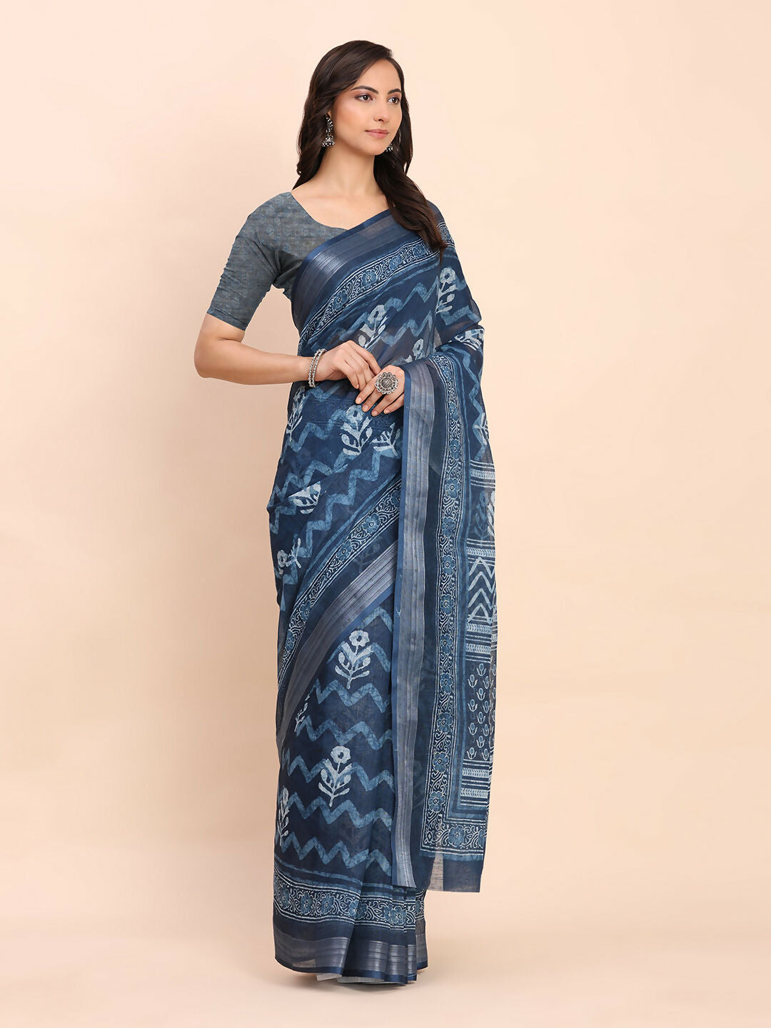 Shree Shyam Fashion Linen Cotton Indigo Blue Saree