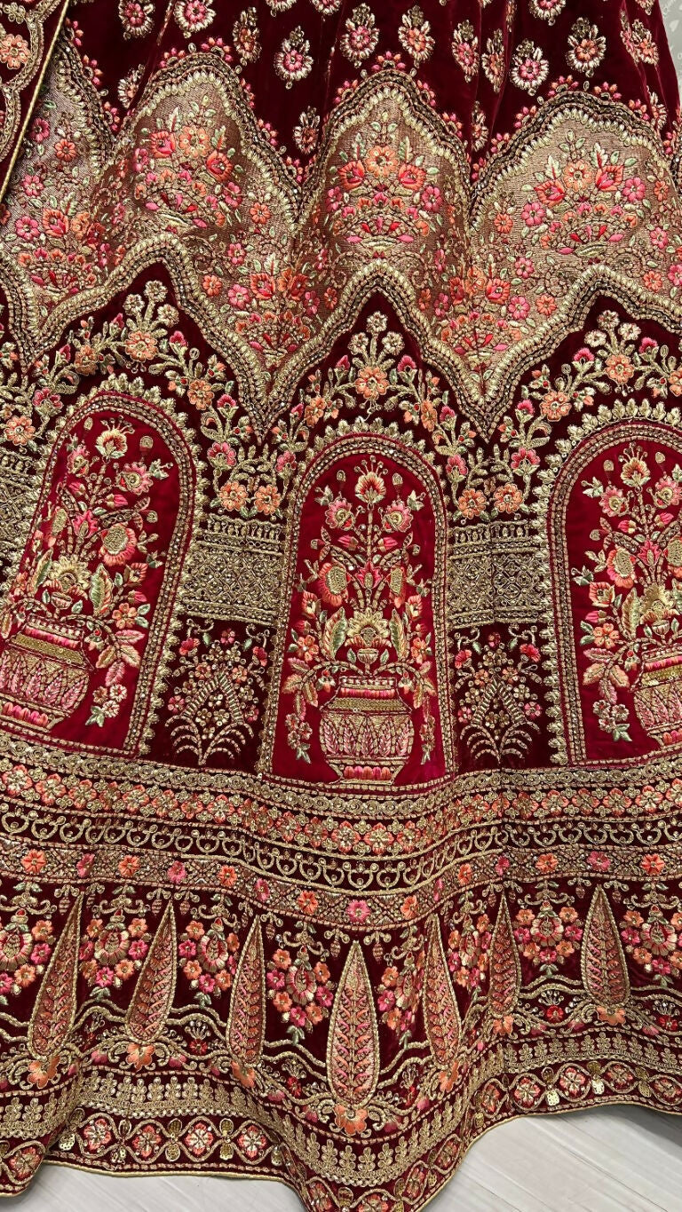 Jyoti Fashion Women's Maroon Velvet Multi Thread Embroidered with Zircon Diamond Wedding Lehenga Choli | Swadesiicart