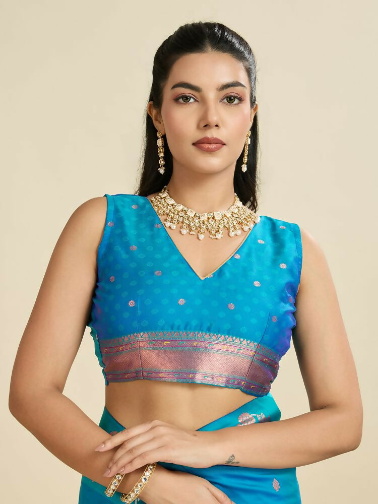 Vishnu Weaves Women's Firozi Banarasi Silk Zari Woven Saree with Blouse - Swadesiicart